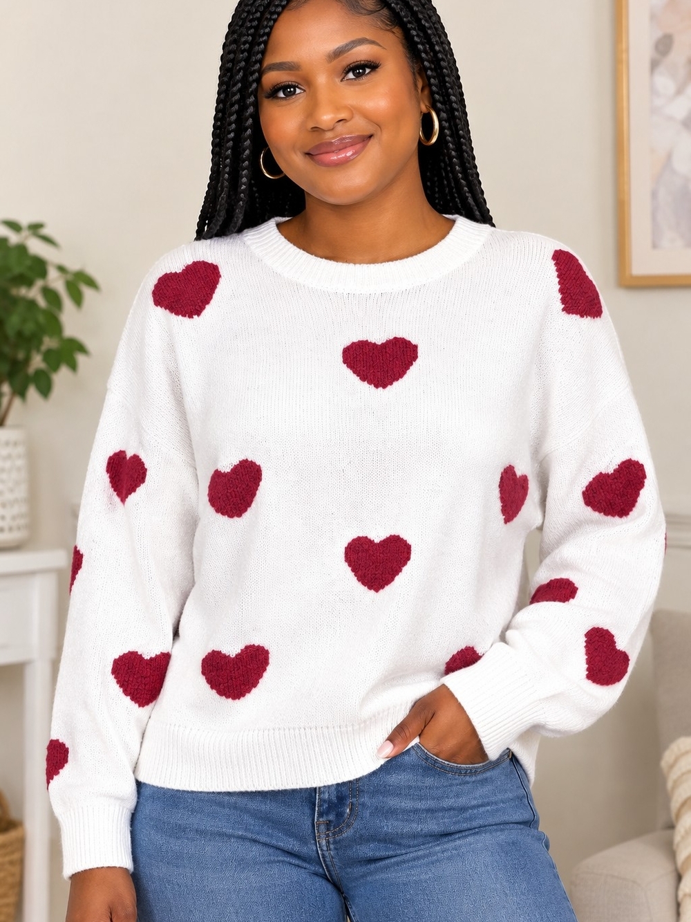 Crewneck White Sweater with Red Heart Motif